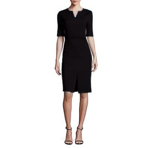 ST. JOHN Caviar Milano Knit Front Slit Split Neck Midi Length Black Sheath Dress - Picture 1 of 16